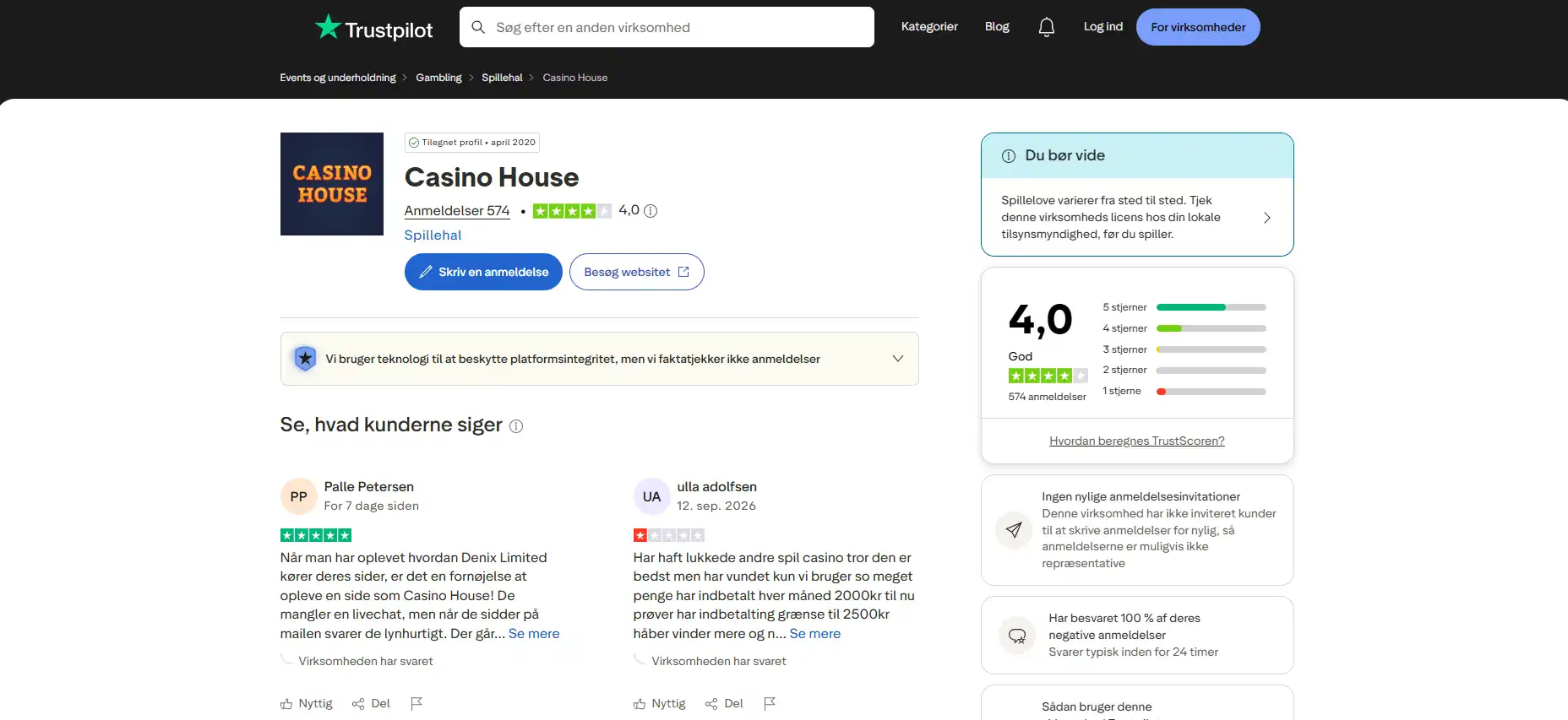 Casino House anmeldelser og omdømme i Danmark