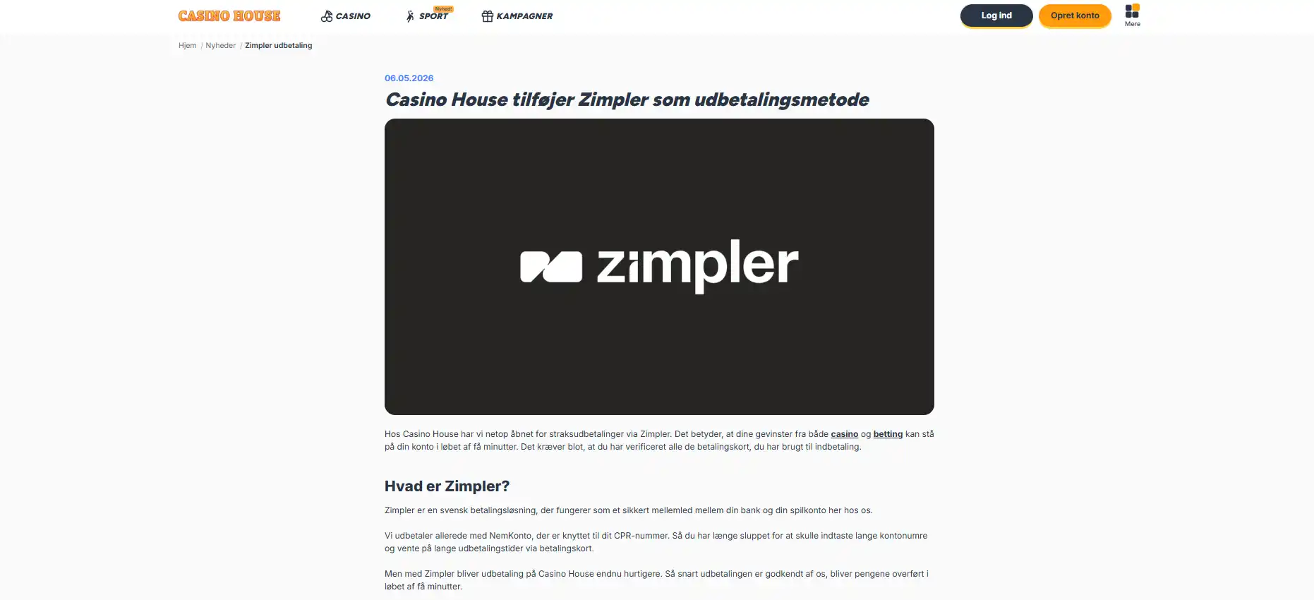 Casino House side om Zimpler-udbetaling