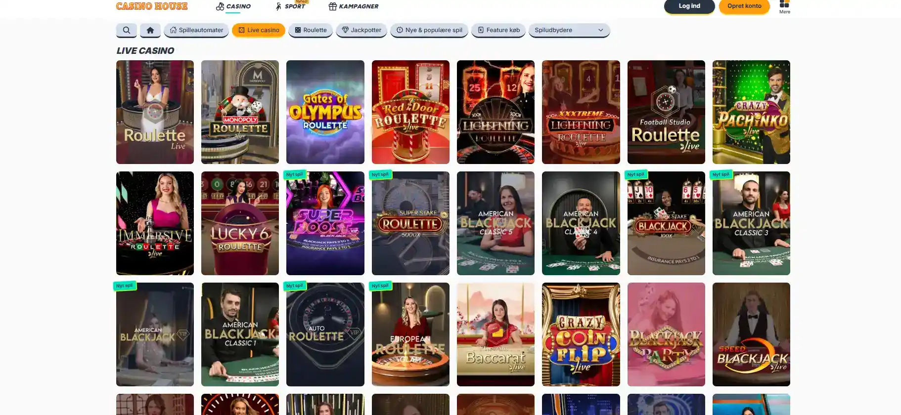 Casino House livecasino med aktuelle spil med dealer i realtid